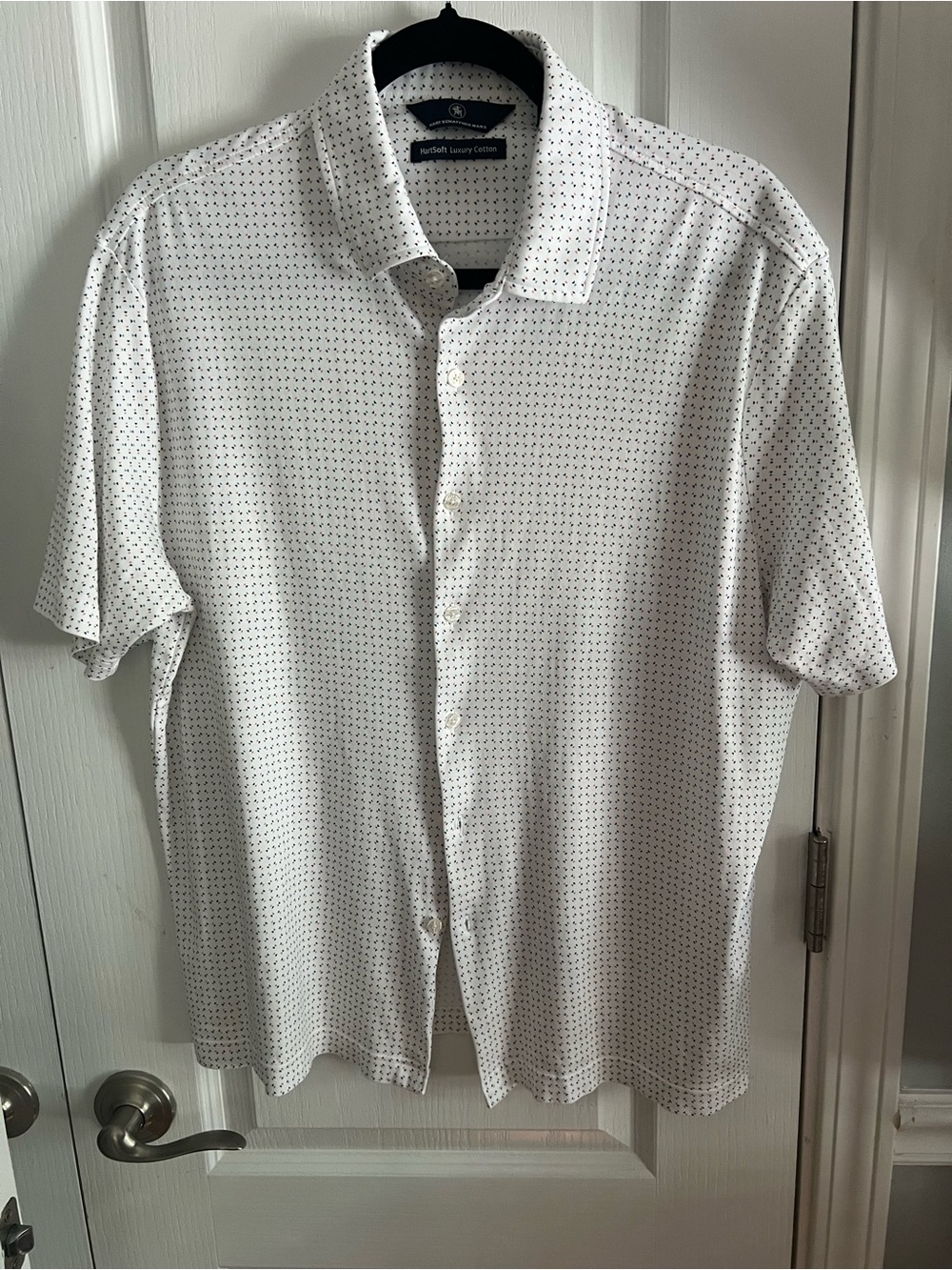 Hart Schaffner Marx White Short-Sleeve Button-Down with Tiny Navy Microprint